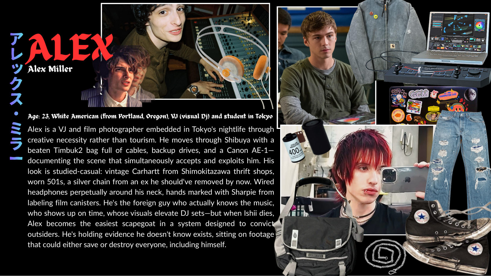 ALEX character sheet: Age: 23, White American (from Portland, Oregon), VJ (visual Dj) and student in Tokyo