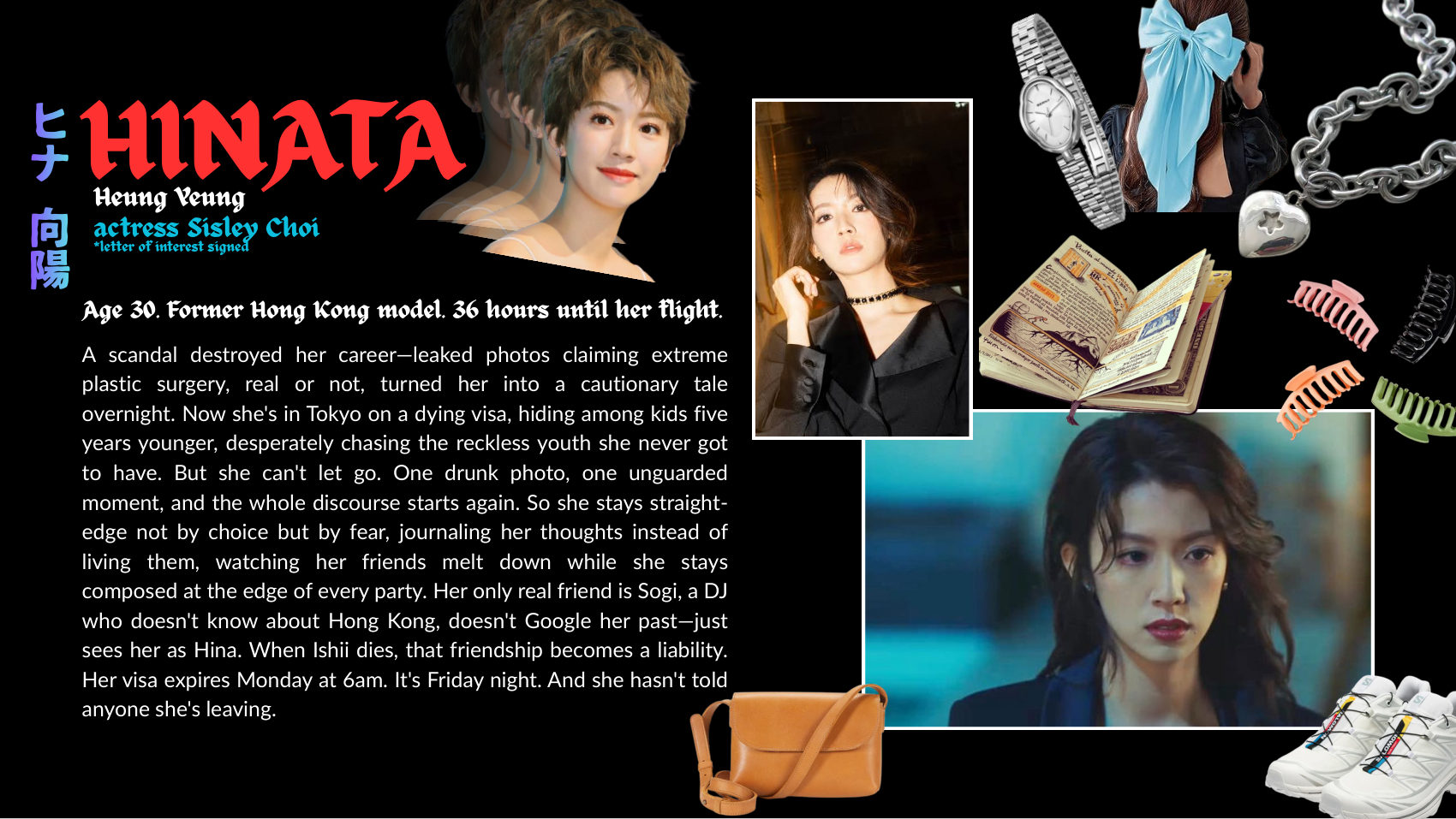 HINATA character sheet: Age 30. Former Hong Kong model. 36 hours until her flight.