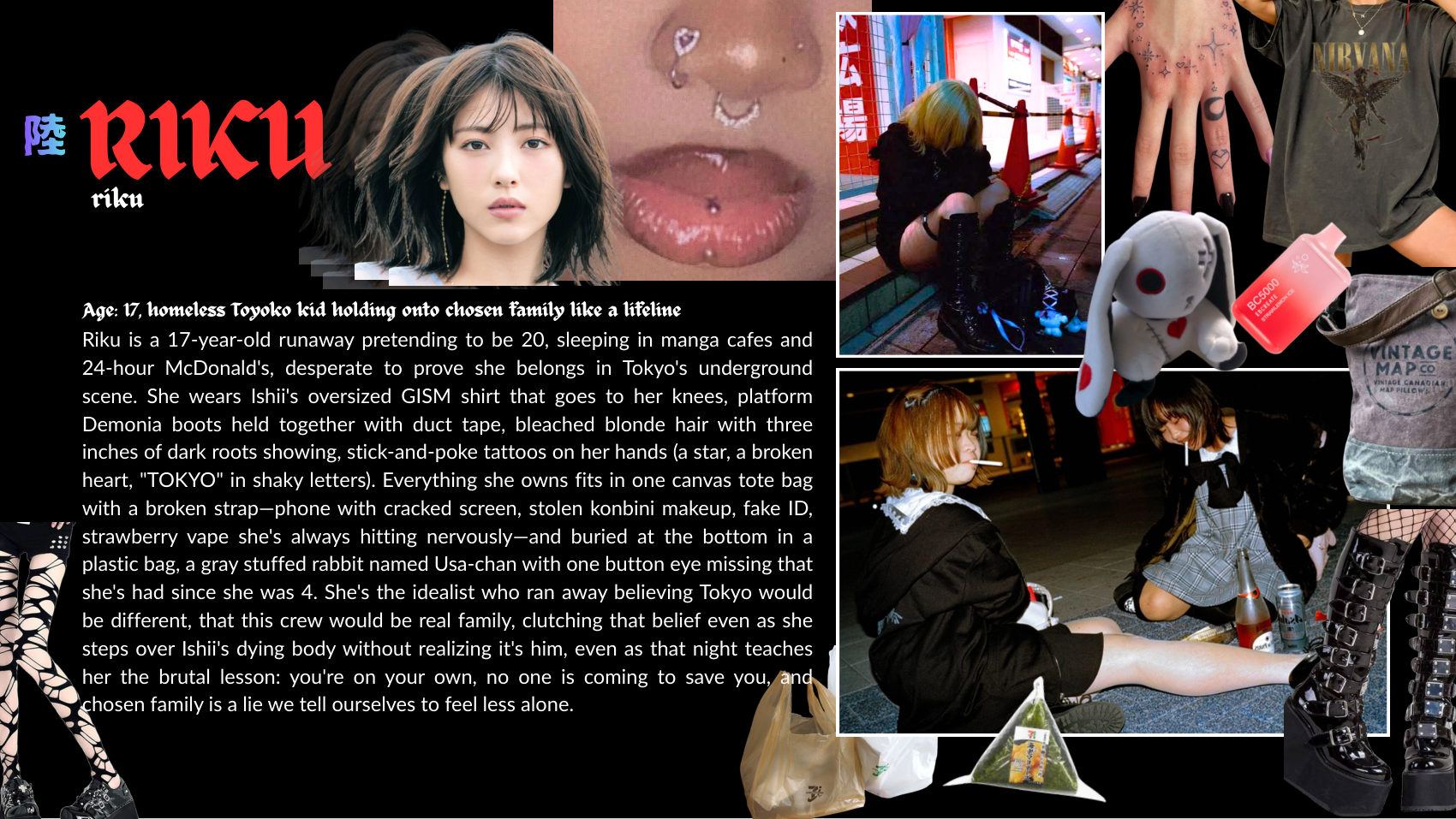 RIKU character sheet: Age: 17, homeless Toyoko kid holding onto chosen family like a lifeline